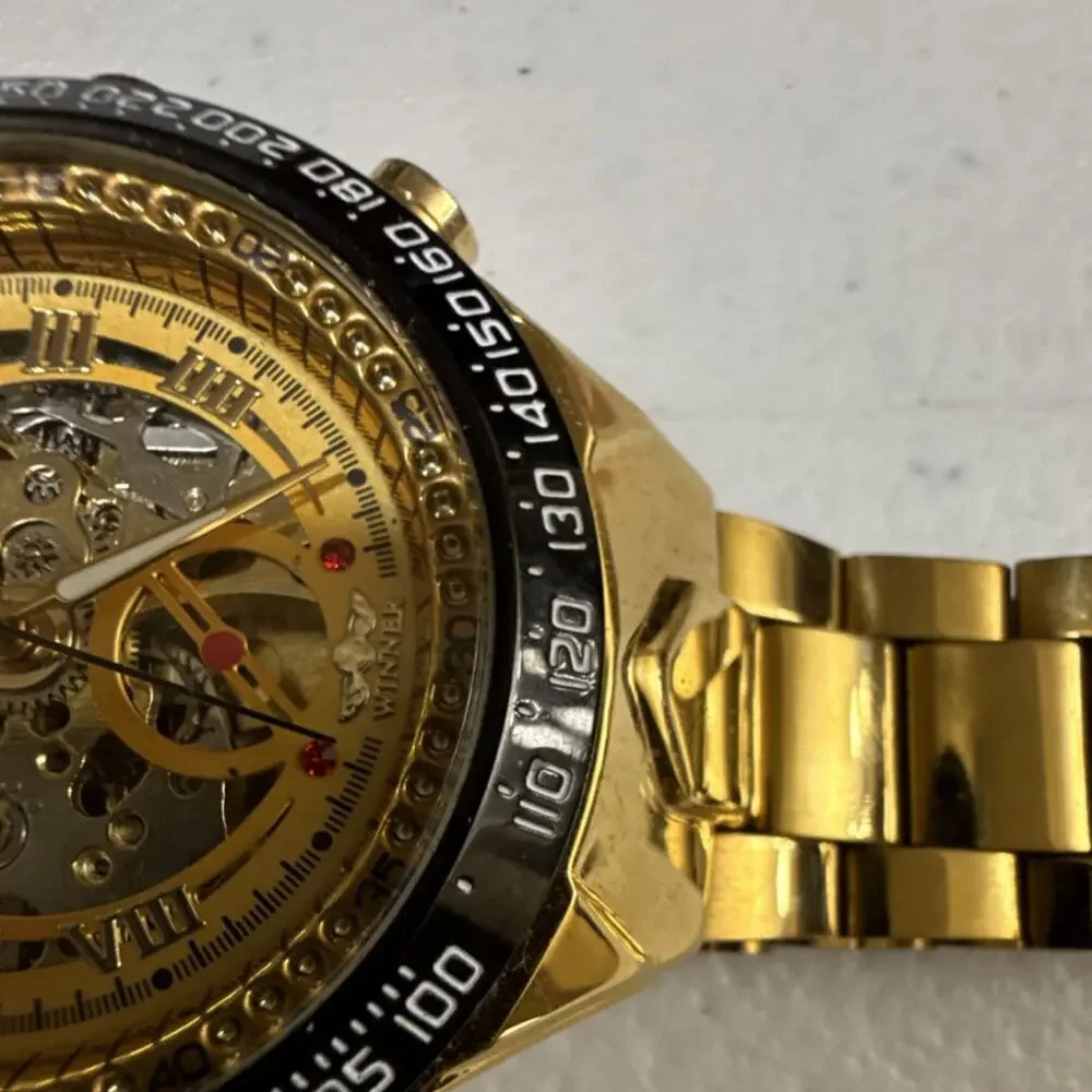 Winner TM432 Men's Wristwatch Gold Skeleton Automatic Tachymeter (B18)